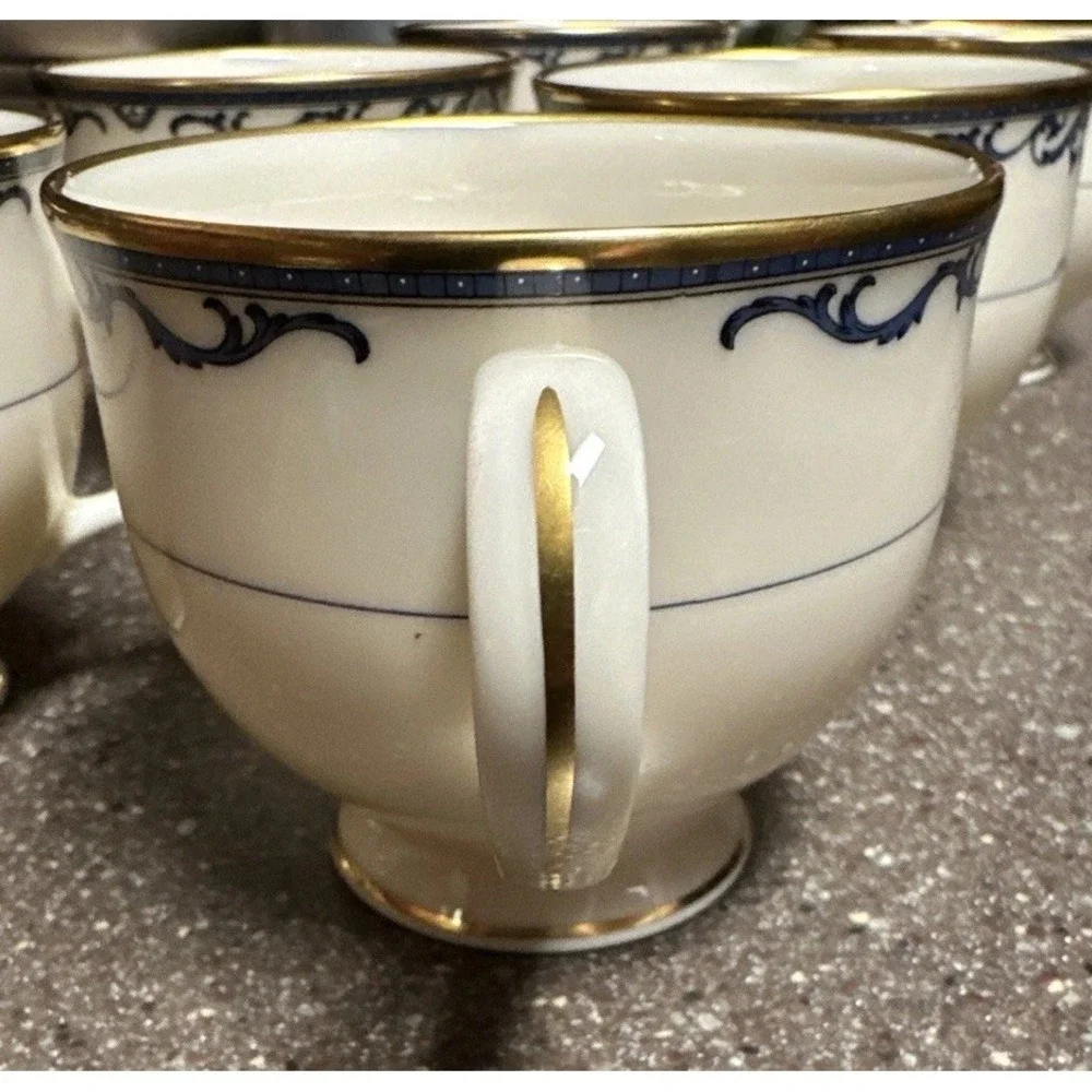 Lenox‎ Liberty Cups Set of 6 Ivory Blue Gold Trim Footed Tea Coffee USA